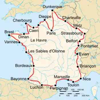 Route of the 1927 Tour de France followed counterclockwise, starting in Paris