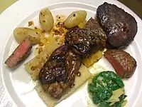 Tournedos Rossini is a French steak dish, purportedly created for the composer Gioachino Rossini by French master chef Marie-Antoine Carême or by Savoy Hotel chef Auguste Escoffier.