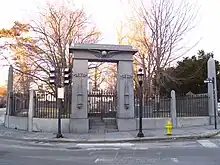 Touro Cemetery showing Isaiah Rogers' Egyptian Revival gate similar to the gate at Boston's Old Granary Burying Ground