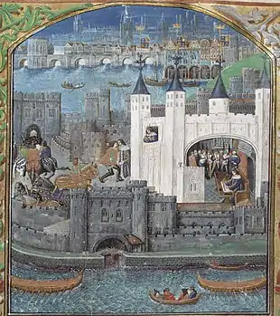 Image 37A depiction of the imprisonment of Charles, Duke of Orléans in the Tower of London, from a 15th-century manuscript. Old London Bridge is in the background (from History of London)