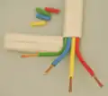 White-coated cable, cut away to show green, blue, yellow and red coated wires