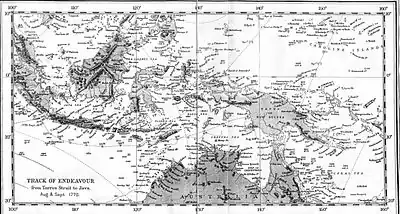 Map:A line runs from the Great Barrier Reef northward to Endeavour River and Cape York, then northwest through Torres Strait to the southern coastline of New Guinea. The line then heads west-southwest to Timor, westward parallel to but south of Java to Christmas Island, and northwest to Batavia.