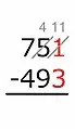 1 − 3 = not possible.We add a 10 to the 1. Because the 10 is "borrowed" from the nearby 5, the 5 is lowered by 1.