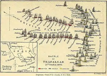 Coloured map of the Battle of Trafalgar by Longmans, Green, and Co., of London, illustrating battleship positions on 21 October 1805