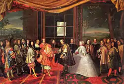 Image 33Louis XIV of France and Philip IV of Spain at the Meeting on the Isle of Pheasants in June 1660, part of the process to put an end to the Franco-Spanish War (1635–59). (from History of Spain)