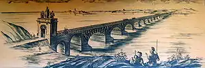 The oldest bridge across the Danube, constructed by Apollodorus of Damascus between 103 and 105 CE, directed by Trajan, modern Serbia and Romania.