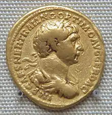 A coin of the Roman Emperor Trajan, found together with coins of Kanishka, at Ahin Posh.