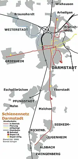 Map of Darmstadt, with Wixhausen at the top (2006)