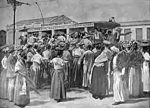 British, Arabs, and locals, boarding a tram in 1899.