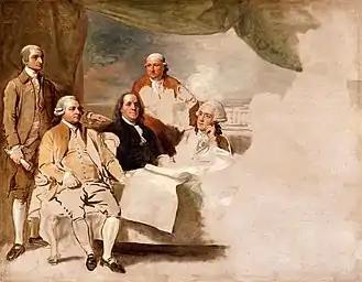 Image 43Treaty of Paris by Benjamin West portrays the American delegation about to sign the 1783 Treaty of Paris (John Jay, John Adams, Benjamin Franklin, Henry Laurens, W.T. Franklin). The British delegation refused to pose and the painting was never completed. (from American Revolution)