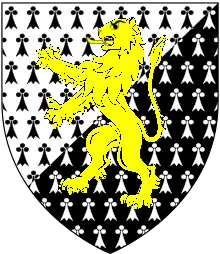 Arms of Trevor: Party per bend sinister ermine and ermines, a lion rampant or