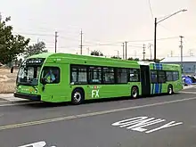 A long green bus travels on exclusive bus lanes