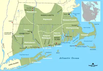 Image 3Map of southern New England indicating approximate ranges of Native American tribes circa 1600. Massachusetts is named after the Massachusett tribe. (from History of Massachusetts)