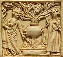 An ivory casket carving showing  Tristan and Iseult next to a fountain  (1340–50)  (The Louvre)