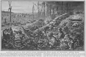 Monochrome image on newsprint type paper. Pen and charcoal sketch of helmeted British soldiers in lower right, aiming weapons both backwards and forwards. Some figures aiming towards advancing German figures in distance, advancing across destroyed vegetation