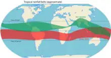 Map showing approximate location of tropical rain belt