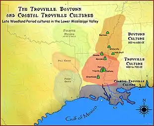 Image 3Map showing the geographic extent of the Baytown, Coastal Troyville and Troyville cultures (from History of Louisiana)