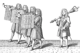 Black-and-white sketch of four men blowing trumpets and one carrying a mace over his shoulder