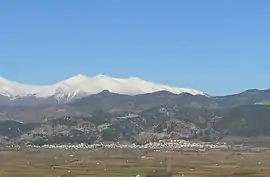 A view of Tsaritsani with Mount Olympus in the background.