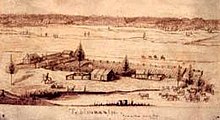 Landscape drawing of a western mission with buildings, trees, and livestock