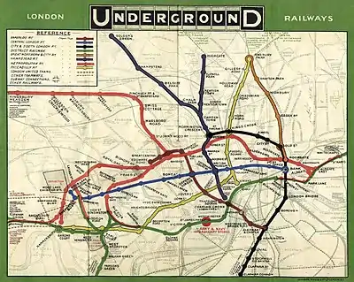 Tube map from 1908 showing the variety of railway companies