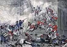 Swiss Guards on the grand staircase of the palace during the storming of the Tuileries in 1792