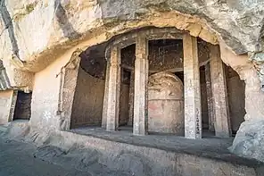 Remains of the circular rock-hewn circular Chaitya with columns, Tulja Caves.