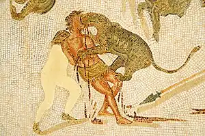 Image 36Condemned man attacked by a leopard in the arena (3rd-century mosaic from Tunisia) (from Roman Empire)