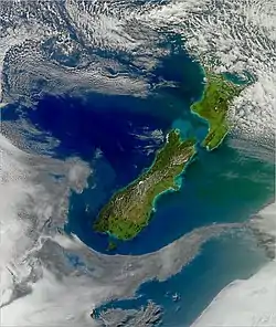 Image 41Strong winds in the Cook Strait produce high waves which erode the shore, as shown in this image (from Geography of New Zealand)