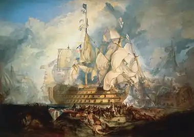 Image 45The Battle of Trafalgar is an oil painting executed in 1822 by J. M. W. Turner (c.1775–1851). The experience of military, political and economic power from the rise of the British Empire led to a very specific drive in artistic technique, taste and sensibility in the United Kingdom. (from Culture of the United Kingdom)