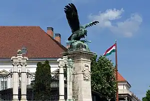 Turul bird on the northeast corner of the Royal Castle in Budapest, Hungary, the height of the statue is 6 m (made by Gyula Donáth in 1903)