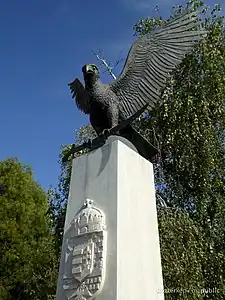 Turul bird on the Trianon memorial in Kisújszállás, Hungary (1936)