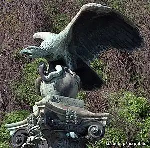 Turul statue at the foot of the Gellért Hill in Budapest, Hungary (1904)