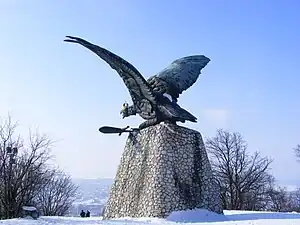 Crown headed Turul bird, Bánhida (Tatabánya), Hungary, the largest bird statue in Europe (made by Gyula Donáth in 1907)