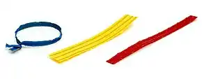 Blue, yellow, and red twist ties.  The blue one is twisted to demonstrate how they are used.