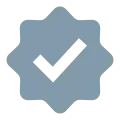 Gray eight-lobed badge with checkmark icon