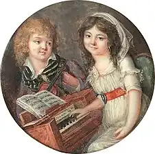 Two children playing musical instruments, between 1790-1798, miniature, opaque watercolor on ivory, diamèter 7.4 cm