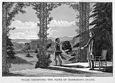 An illustration: Tyler stands on his porch in Virginia, approached by a man with an envelope. Caption reads "Tyler receiving the news of Harrison's death."