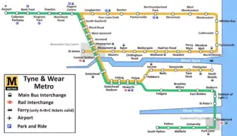 System map of the Tyne and Wear Metro network.