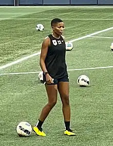 King warms up before OL Reign's 2022 NWSL Shield winning match on October 2, 2022 at Lumen Field in Seattle.