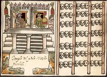 Codex Ramirez, A depiction of a tzompantli, or skull rack, associated with the depiction of a temple dedicated to Huitzilopochtli from Juan de Tovar's manuscript.