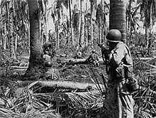 Two soldiers hiding behind trees while moving through a thick groove of jungle