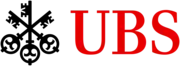 Three black keys together on the left of red letters 'UBS'.