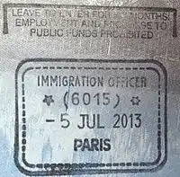 British entry stamp issued by the UK Border Force at Paris Gare du Nord station.