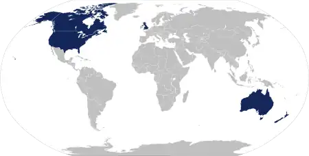 Map of UKUSA Community countries with Ireland