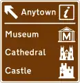 Motorway junction ahead leading to a town or geographical area containing several tourist attractions and a Tourist Information Point or Centre