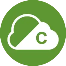 White cloud symbol with a letter C, on a light green circle