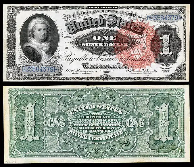 alt=$1 Silver Certificate, Series 1886, Fr.215, depicting Martha 
Washington