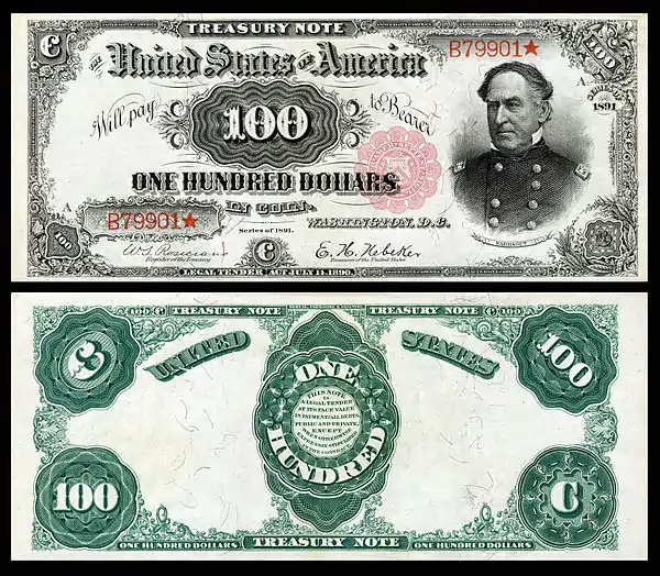 Memorialized on the 1891 $100 Treasury Note, and one of 53 people depicted on United States banknotes.