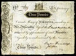 Three pounds sterling colonial banknote signed by  Peyton Randolph and John Blair Jr.